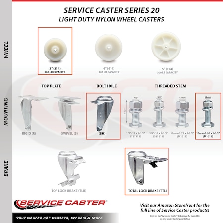 Service Caster 3 Inch Nylon Wheel Swivel 10mm Threaded Stem Caster Total Lock Brakes, 2PK SCC-TSTTL20S314-NYS-M1015-2-S-2